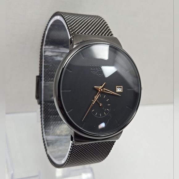 LIGE Dream Black Mesh Stainless Steel Date Quartz Subdial Watch New Battery Mens - Picture 3 of 11
